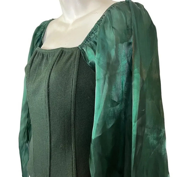 Oddy Womens Sheer Puff Sleeve Boned Ribbed Green Top Shirt Blouse NWT sz Large - Picture 5 of 16